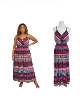She's Cool Boutique Maxi Dress Plus Size 1X Pink Multi Print Smocked Waist